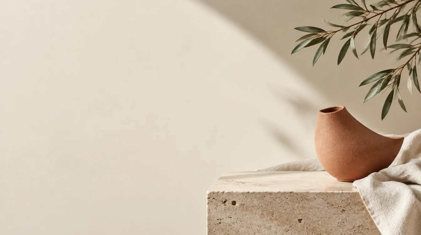 Rustig sfeerbeeld met een olijftak en terracotta vaas